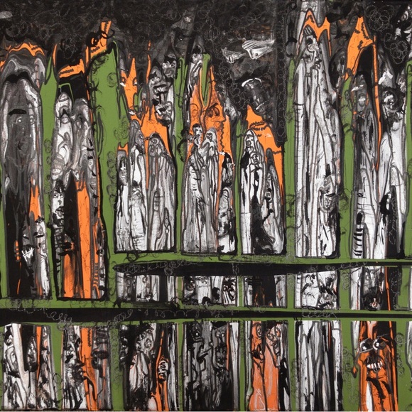 Trash Talk, grungy, green and black, medium size, crowd of people, art painting - Picture 5 of 6